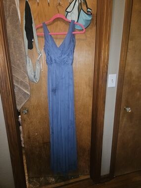 David's Bridal Dusty Blue V-Neck Maxi Dress